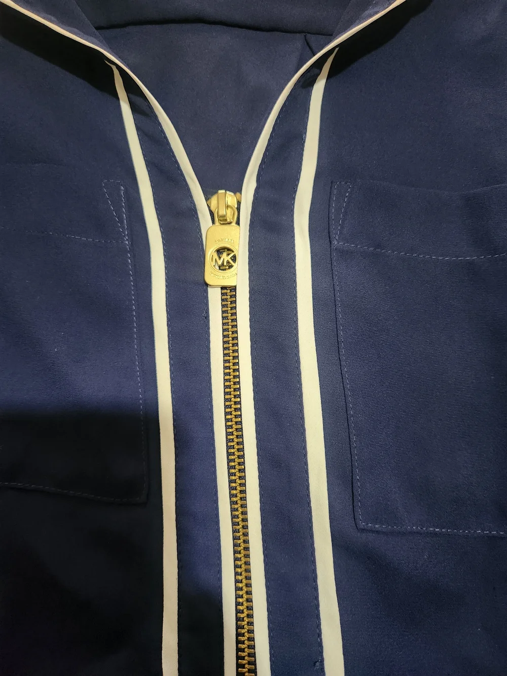 Michael Kors Navy Popover Blouse with White Trim and Gold Zip